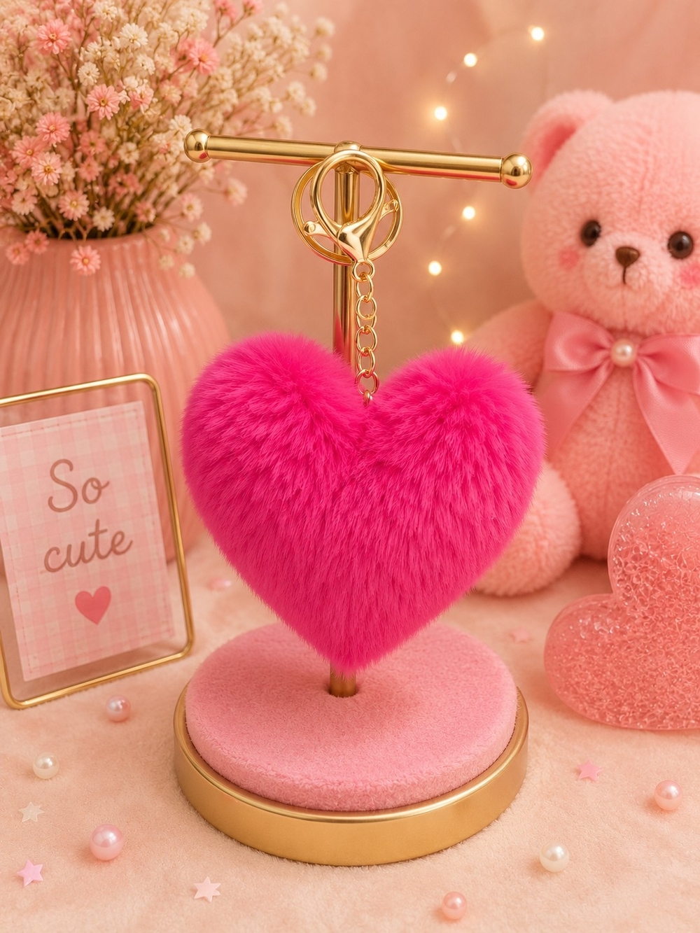 Pink Heart Fuzzy Keychain with Gold-color Minnie Mouse Silhouette - Picture 2 of 2